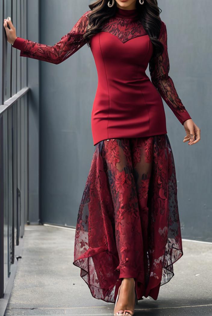 lace hollow long sleeve stand collar irregular dress 139661