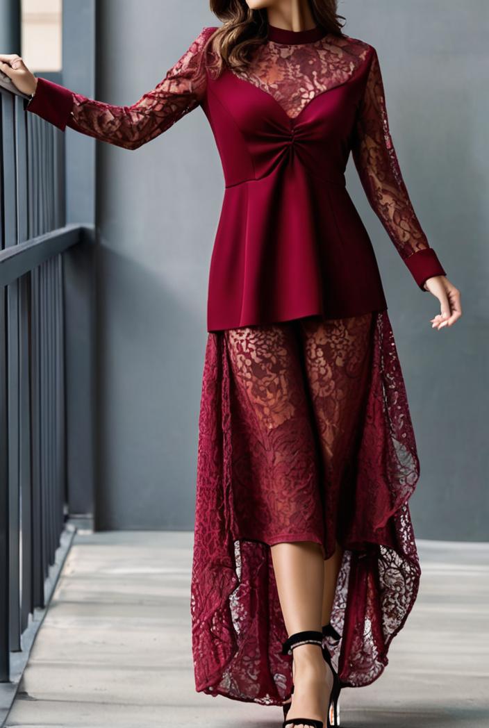 lace hollow long sleeve stand collar irregular dress 139663
