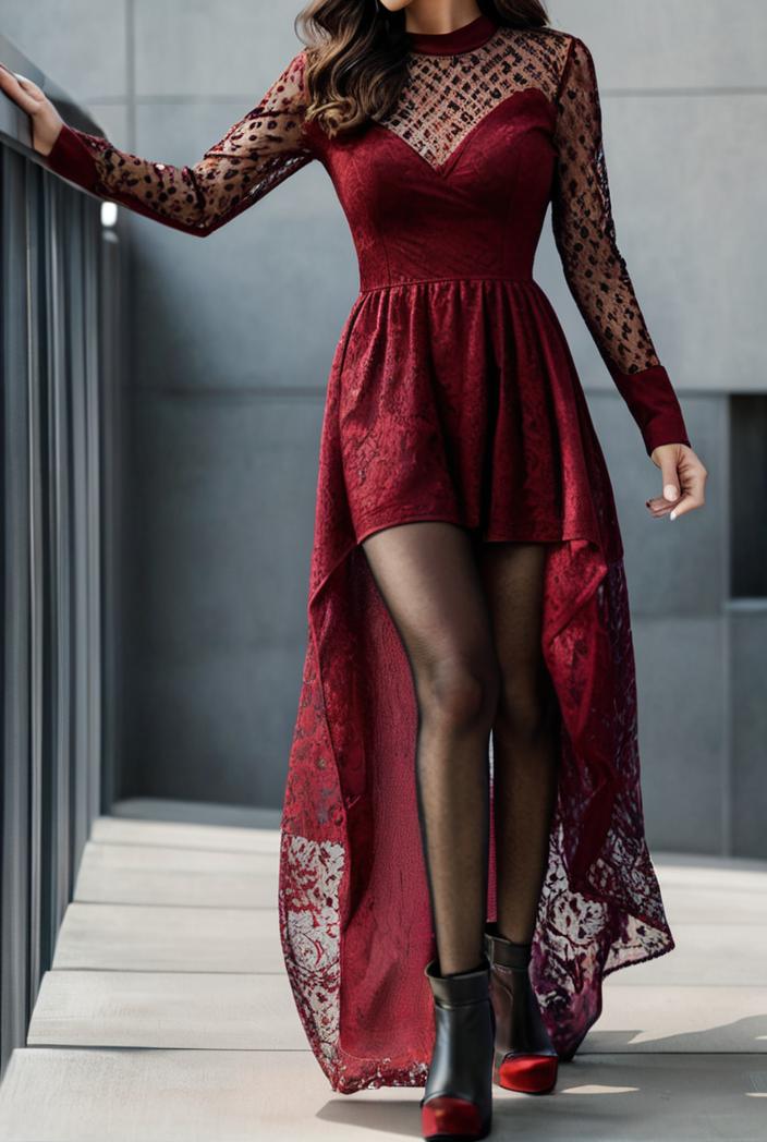 lace hollow long sleeve stand collar irregular dress 139664