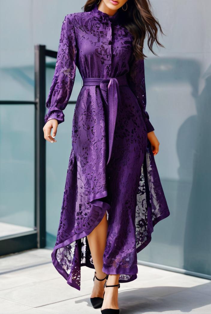 lace hollow long sleeve stand collar irregular dress 139665