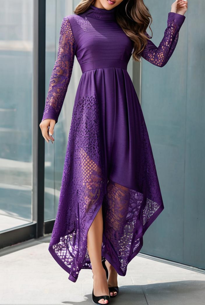 lace hollow long sleeve stand collar irregular dress 139666
