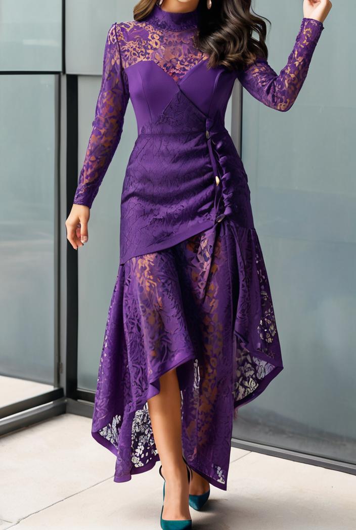 lace hollow long sleeve stand collar irregular dress 139667