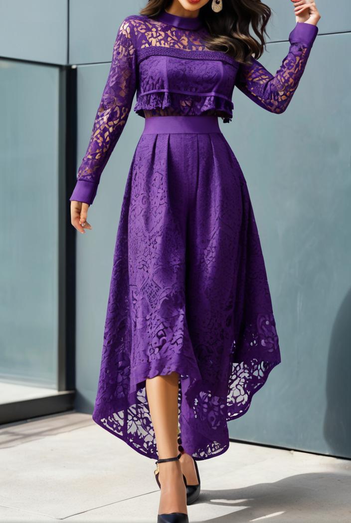 lace hollow long sleeve stand collar irregular dress 139668