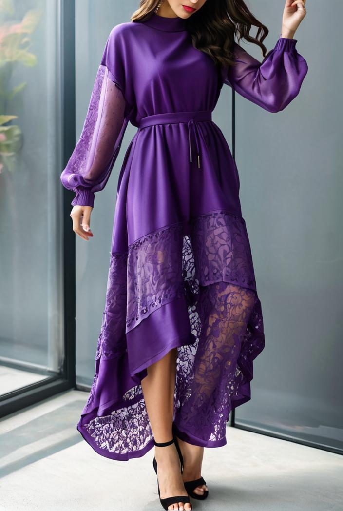 lace hollow long sleeve stand collar irregular dress 139670