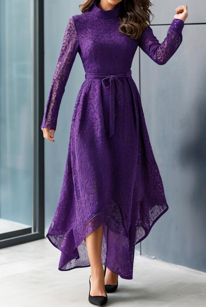 lace hollow long sleeve stand collar irregular dress 139673