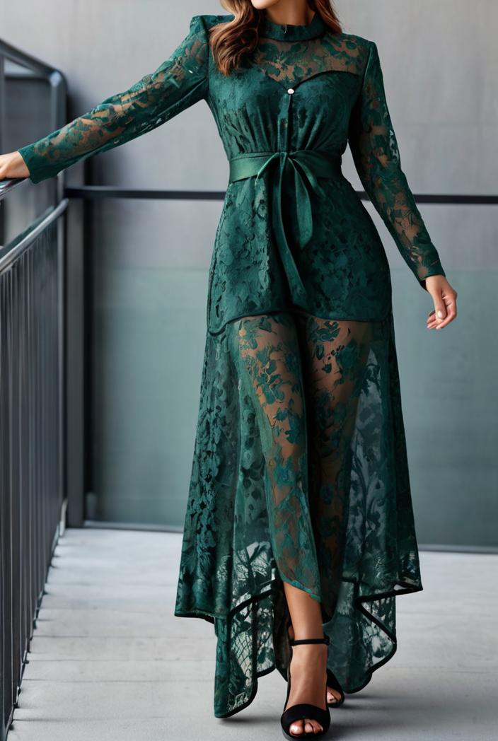 lace hollow long sleeve stand collar irregular dress 139672