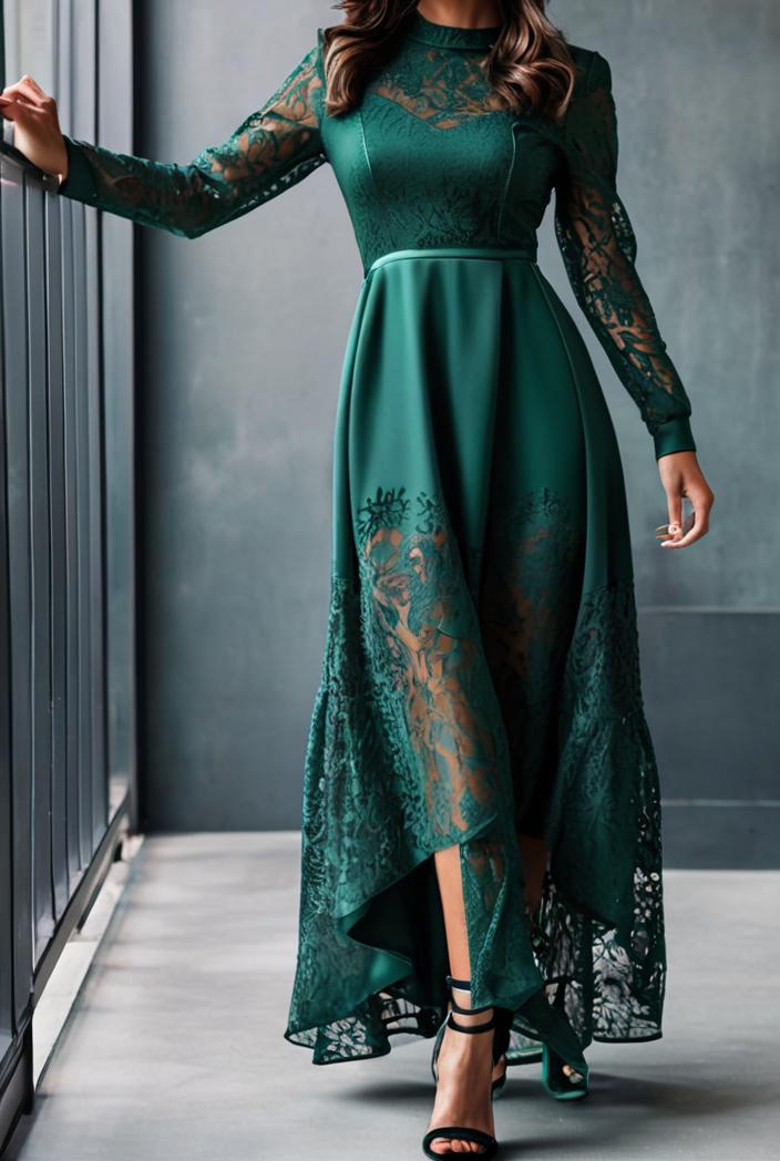 lace hollow long sleeve stand collar irregular dress 139675