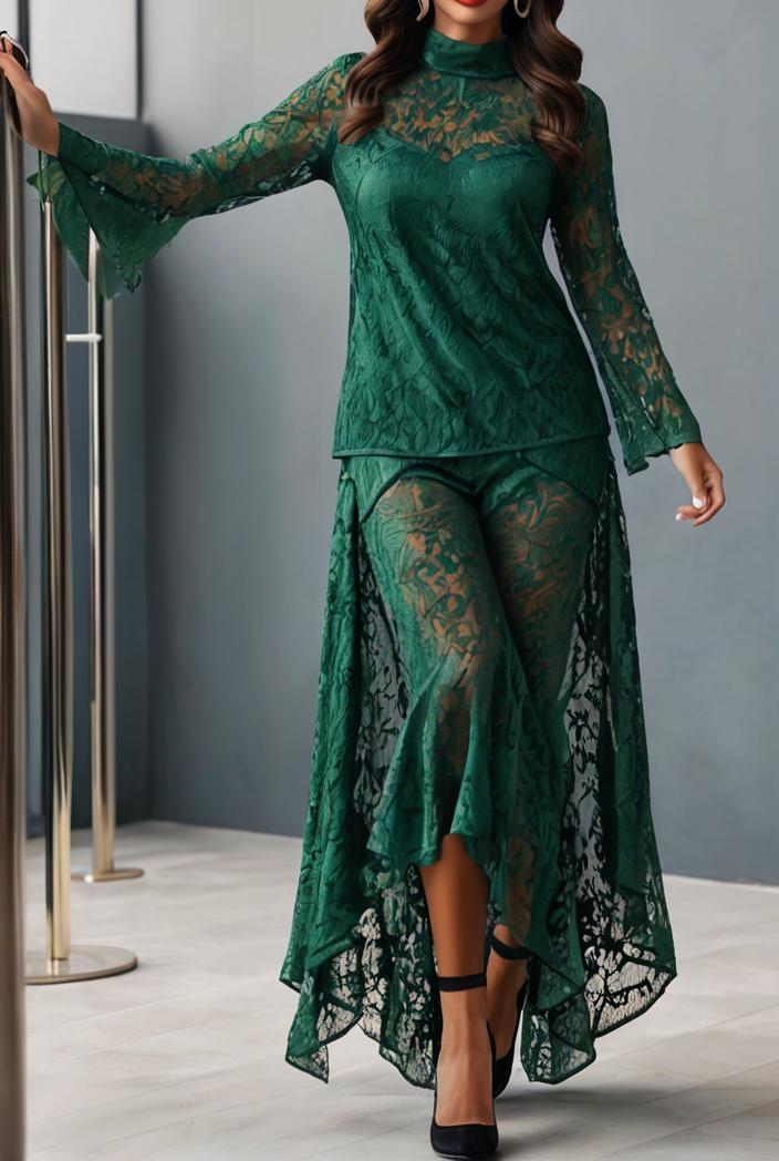 lace hollow long sleeve stand collar irregular dress 139674