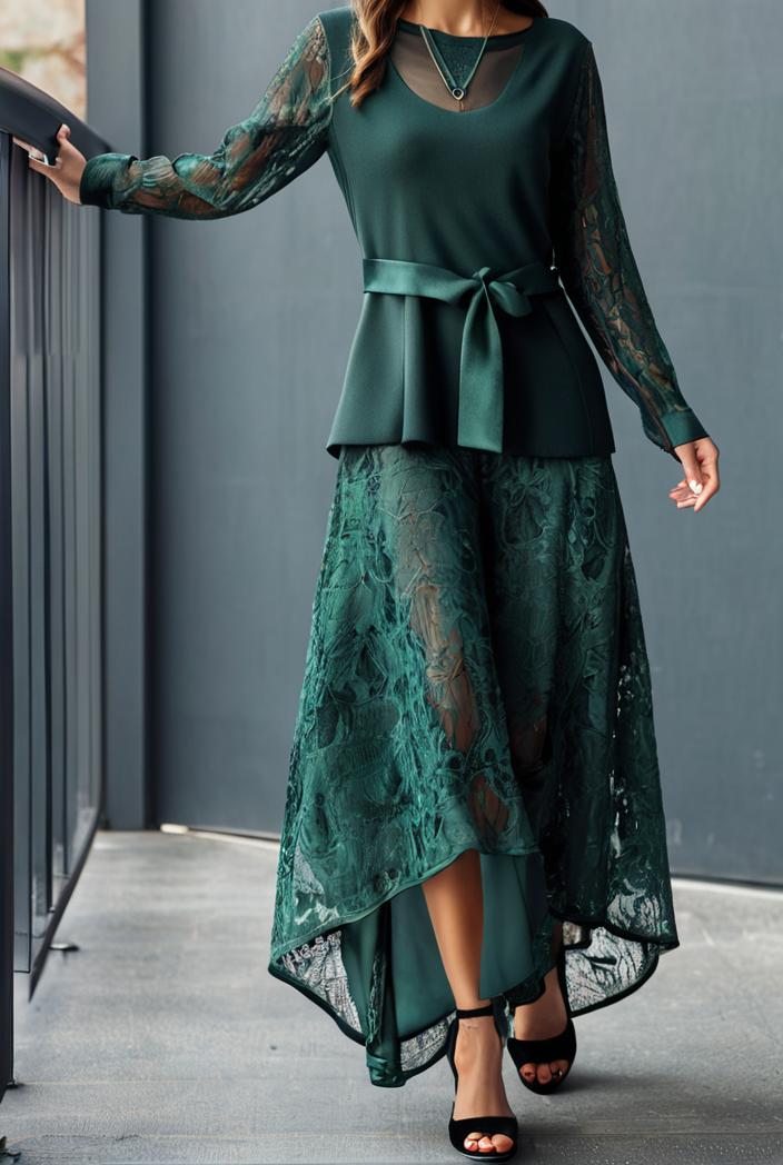 lace hollow long sleeve stand collar irregular dress 139676