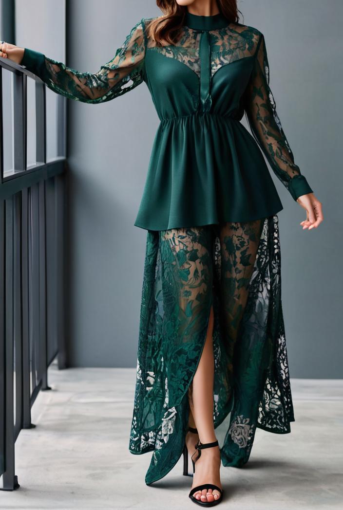 lace hollow long sleeve stand collar irregular dress 139678