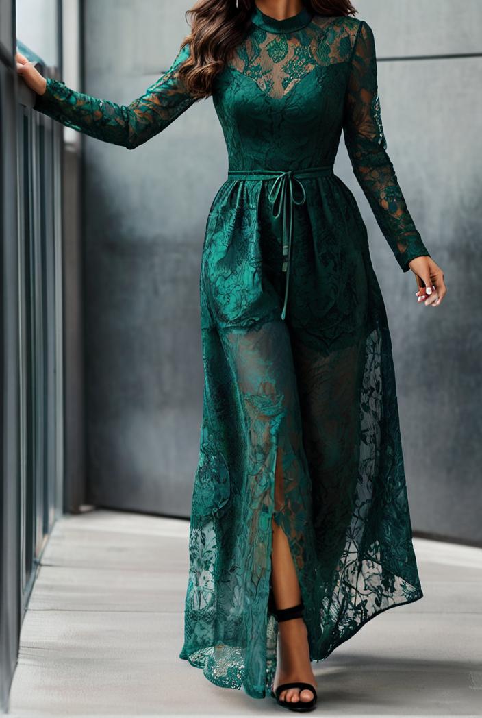 lace hollow long sleeve stand collar irregular dress 139681