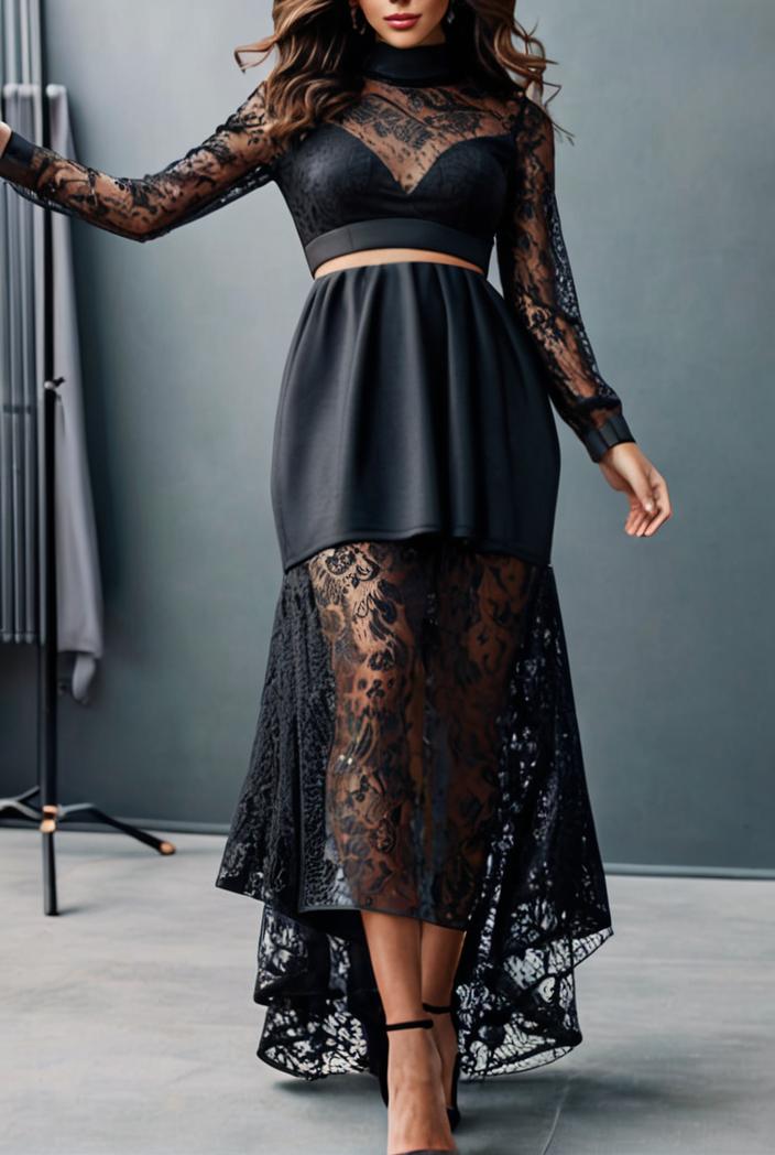 lace hollow long sleeve stand collar irregular dress 139680