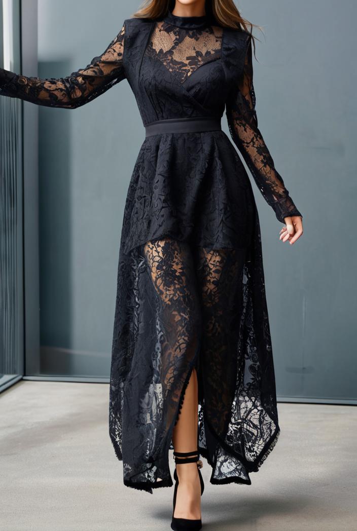 lace hollow long sleeve stand collar irregular dress 139684