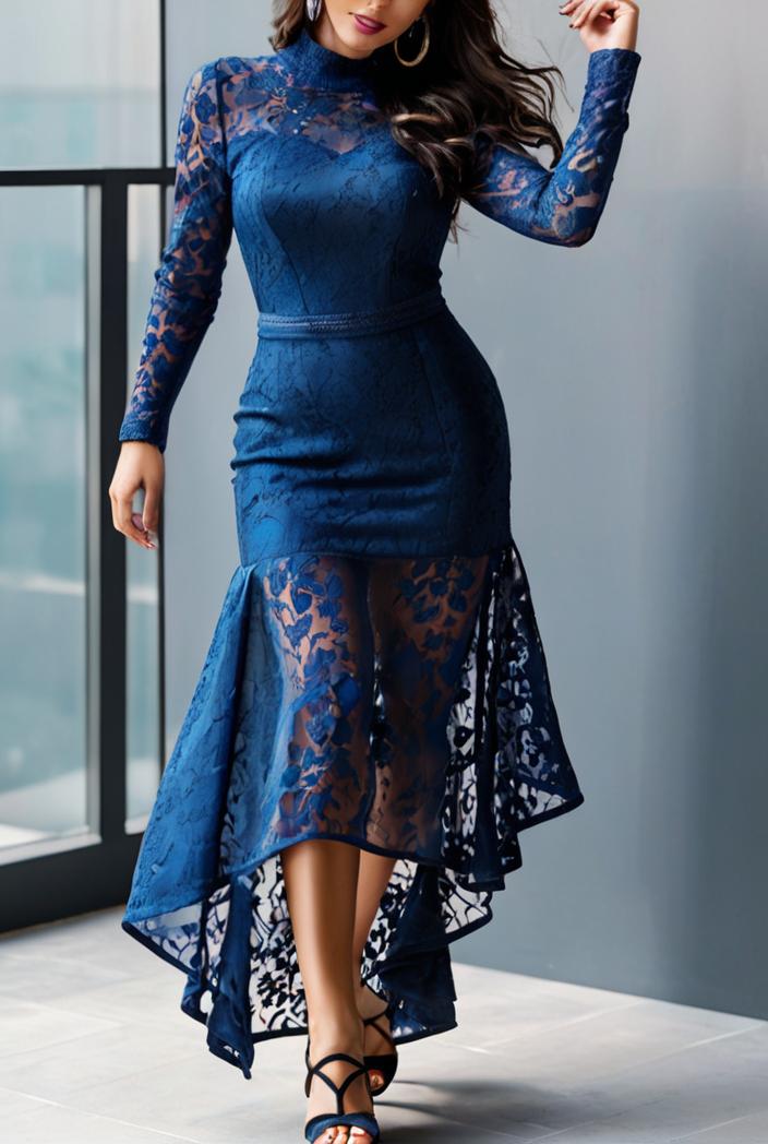 lace hollow long sleeve stand collar irregular dress 139691