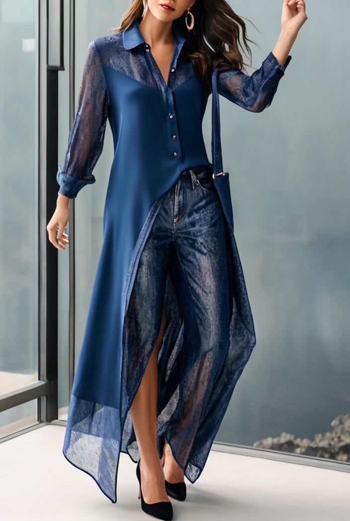 lace hollow long sleeve stand collar irregular dress 139689