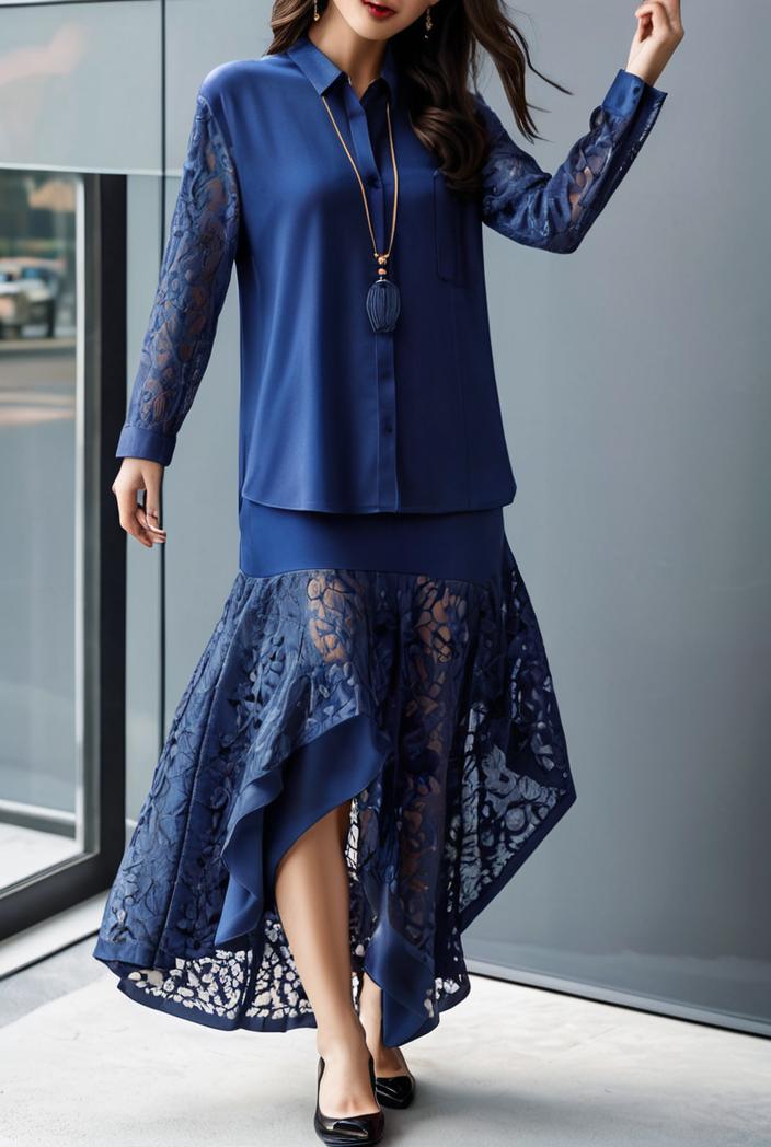 lace hollow long sleeve stand collar irregular dress 139694