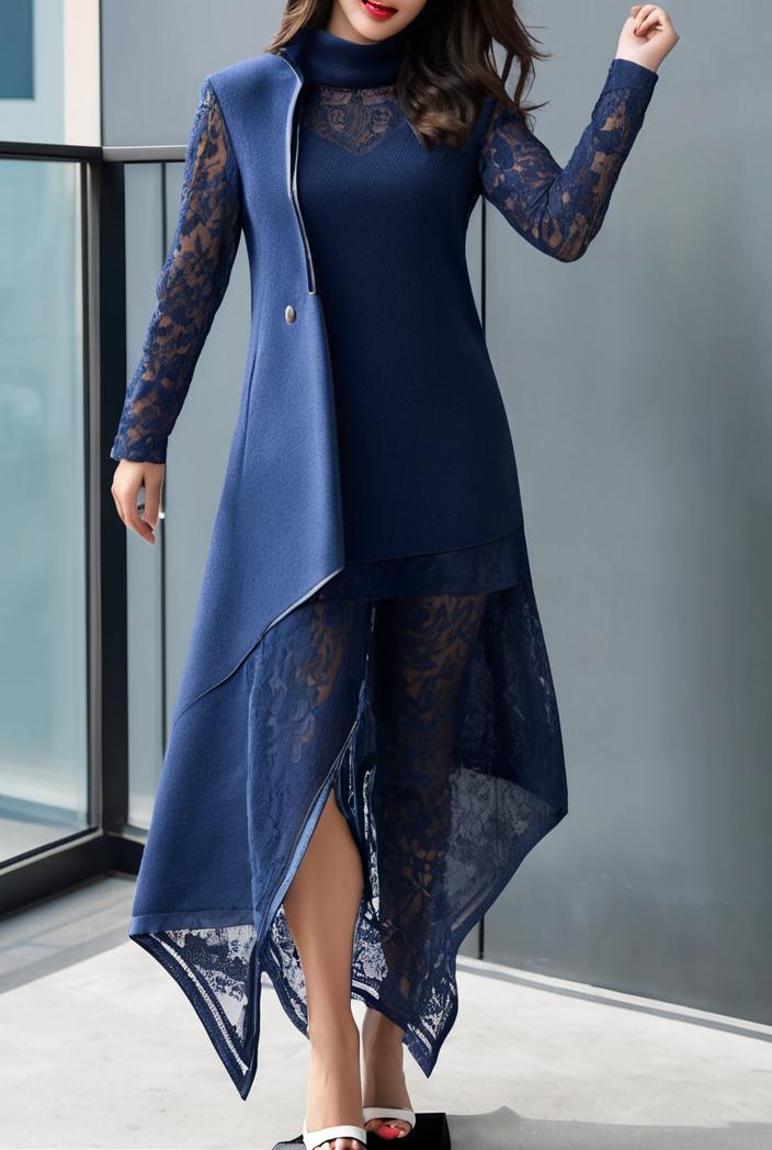 lace hollow long sleeve stand collar irregular dress 139693