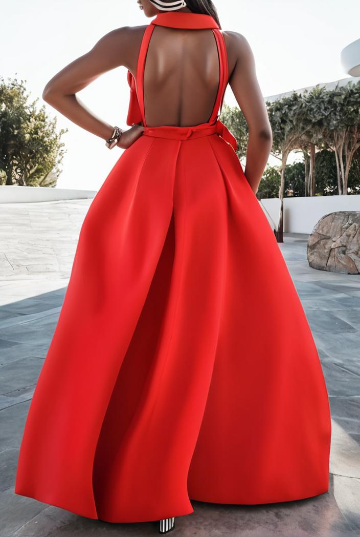 solid halter neck open back sleeveless dress 101740