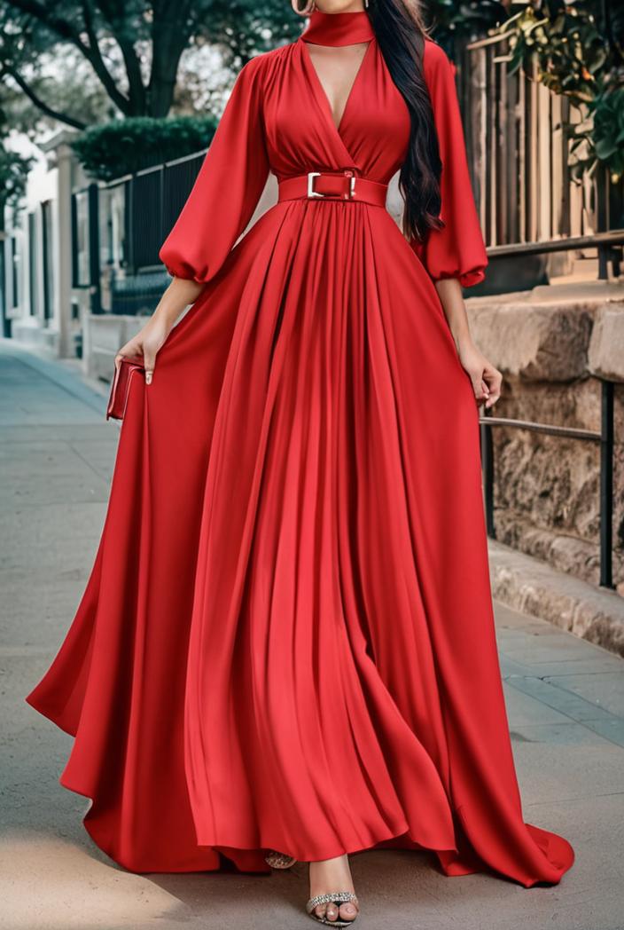 v neck long sleeve pleated dress 110932