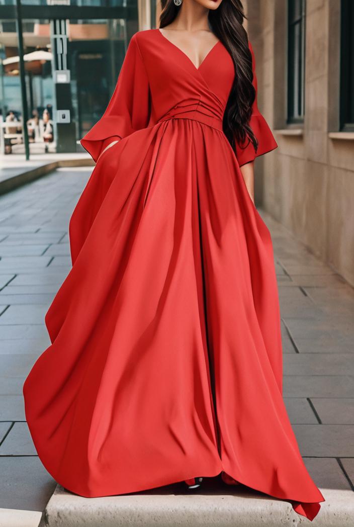 v neck long sleeve pleated dress 110934