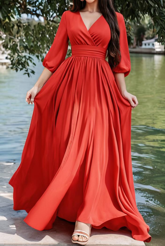 v neck long sleeve pleated dress 110937