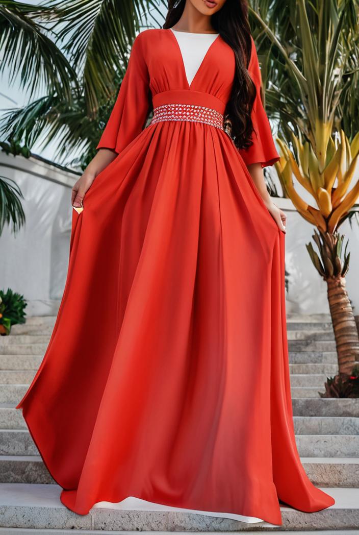 v neck long sleeve pleated dress 110938