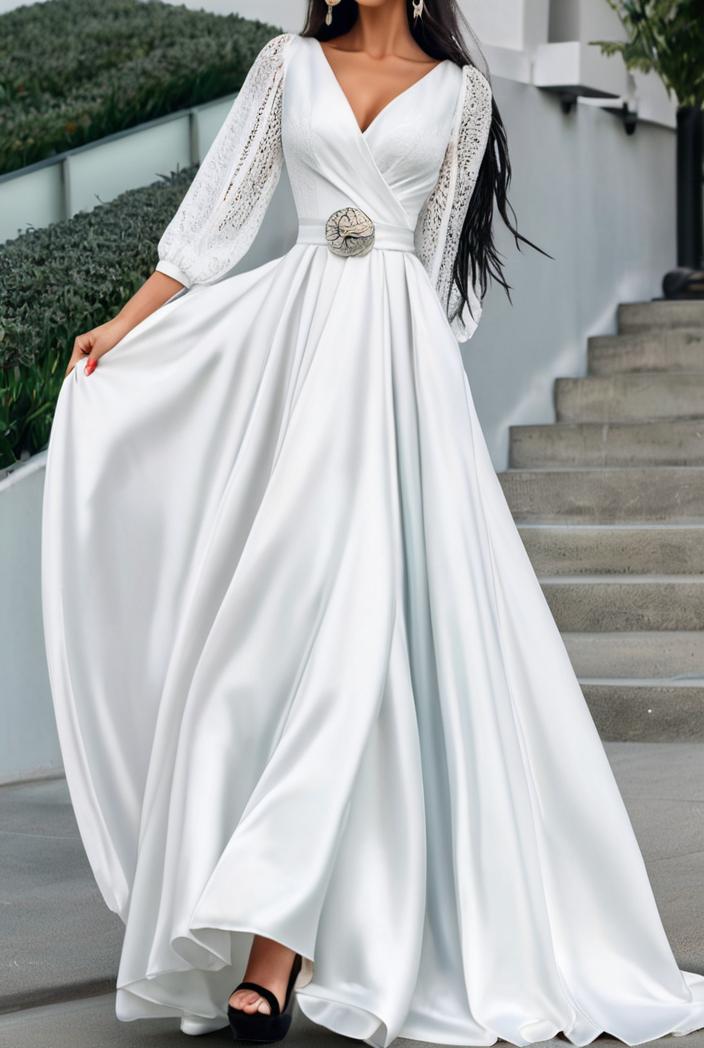 v neck long sleeve pleated dress 110942