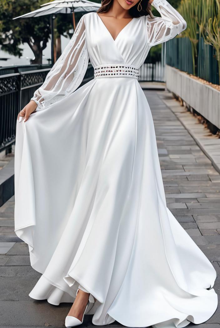 v neck long sleeve pleated dress 110946