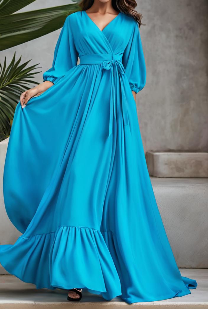 v neck long sleeve pleated dress 110958