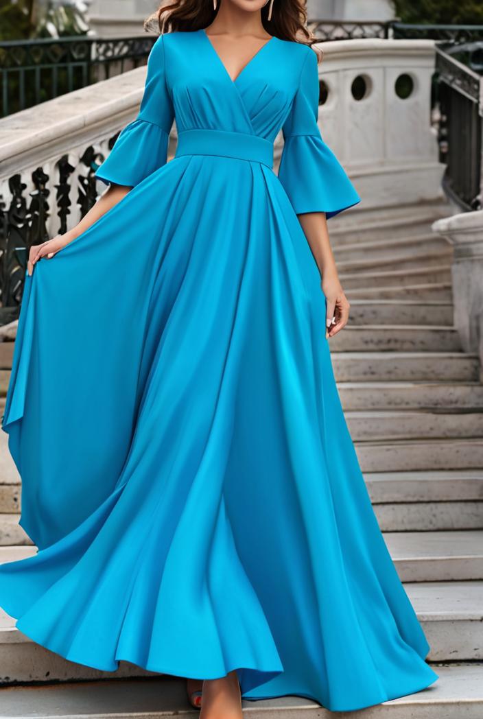 v neck long sleeve pleated dress 110960