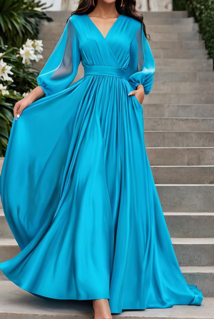 v neck long sleeve pleated dress 110961