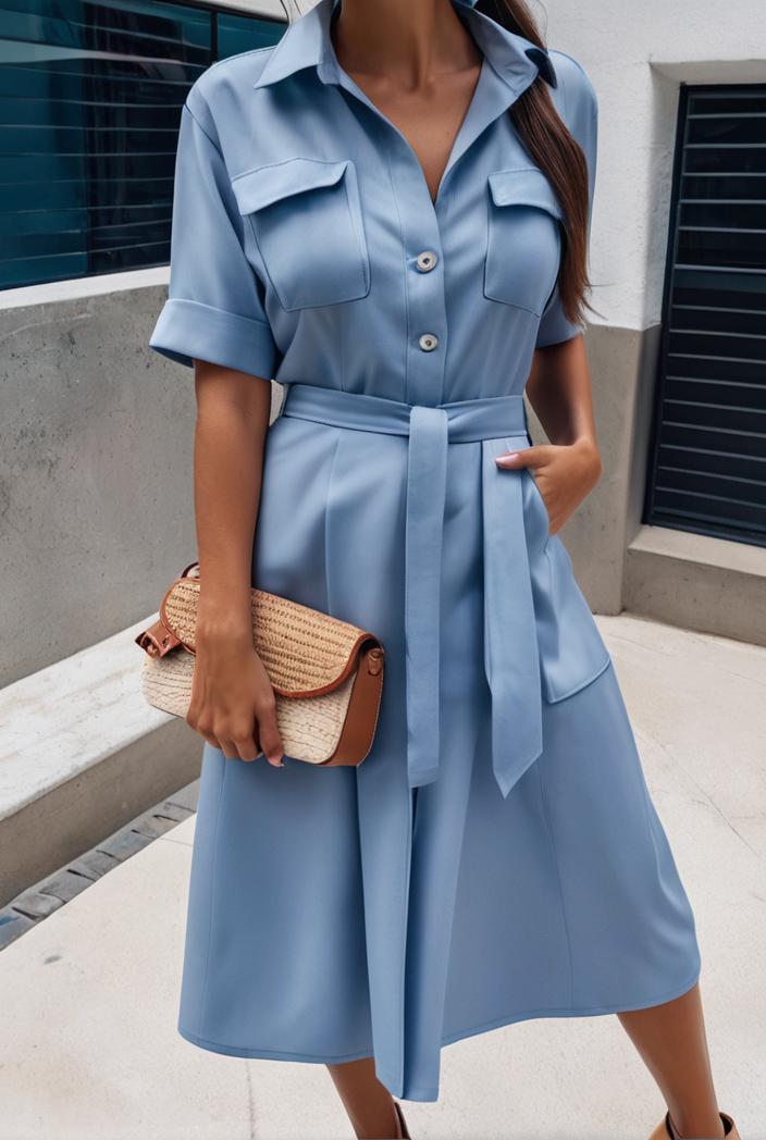 a line flap pockets rolled sleeve v neck casual lapel denim maxi dresses 122398