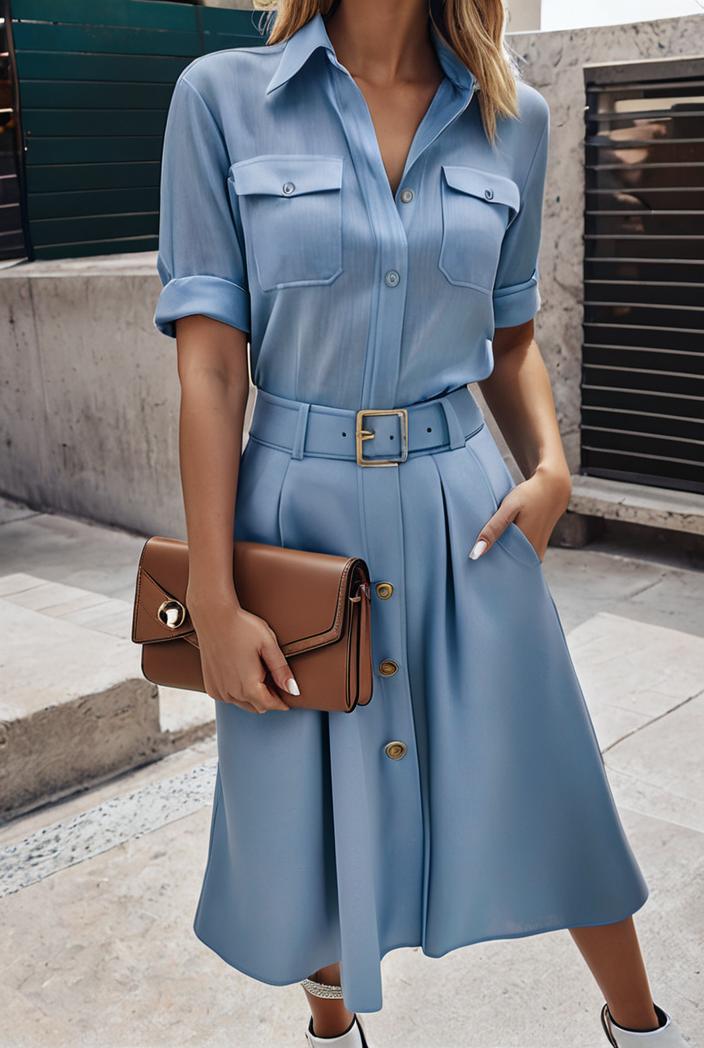 a line flap pockets rolled sleeve v neck casual lapel denim maxi dresses 122401