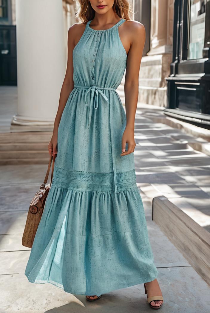 boho print halterneck sleeveless dress 123355