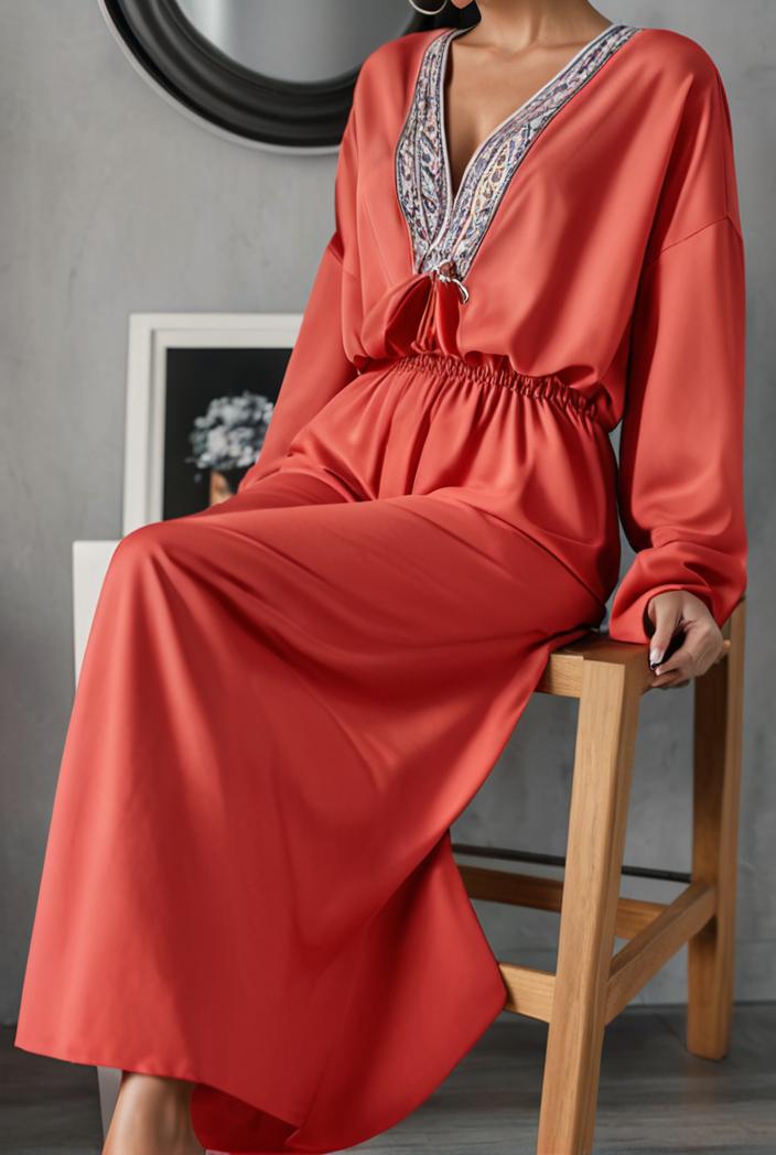 casual v neck long sleeve dress 102739