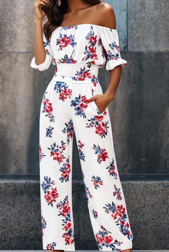 fashion print frilled off shoulder flared jumpsuit 111551