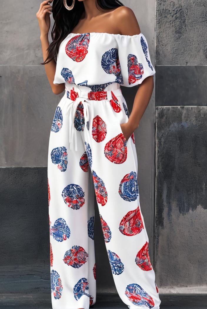 fashion print frilled off shoulder flared jumpsuit 111552