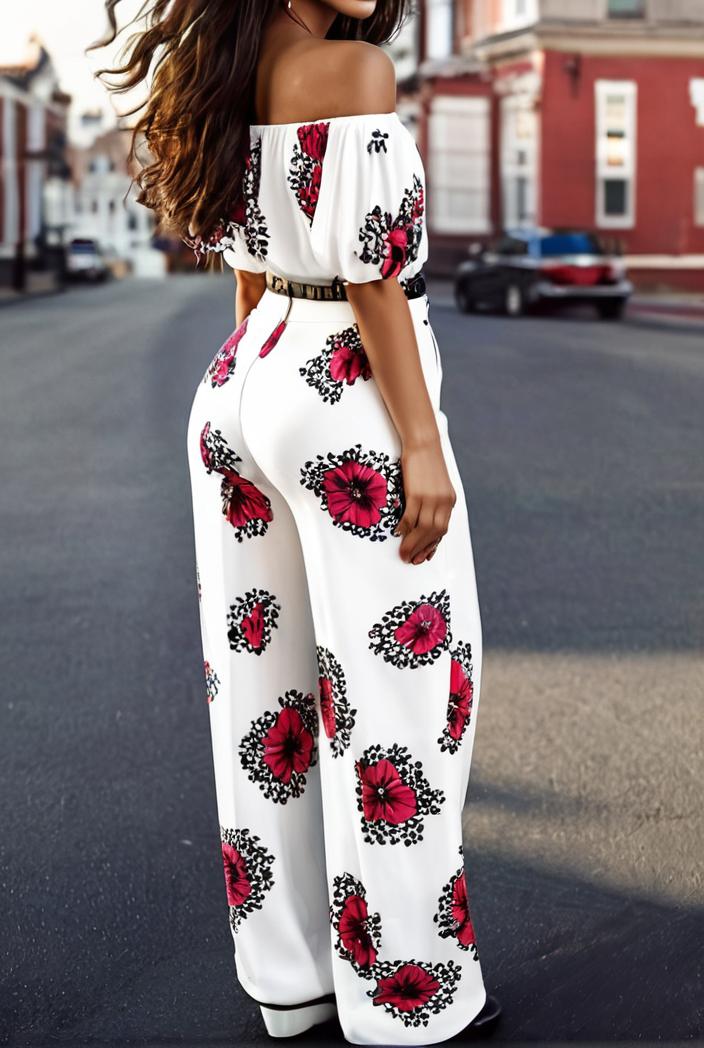 fashion print frilled off shoulder flared jumpsuit 111556
