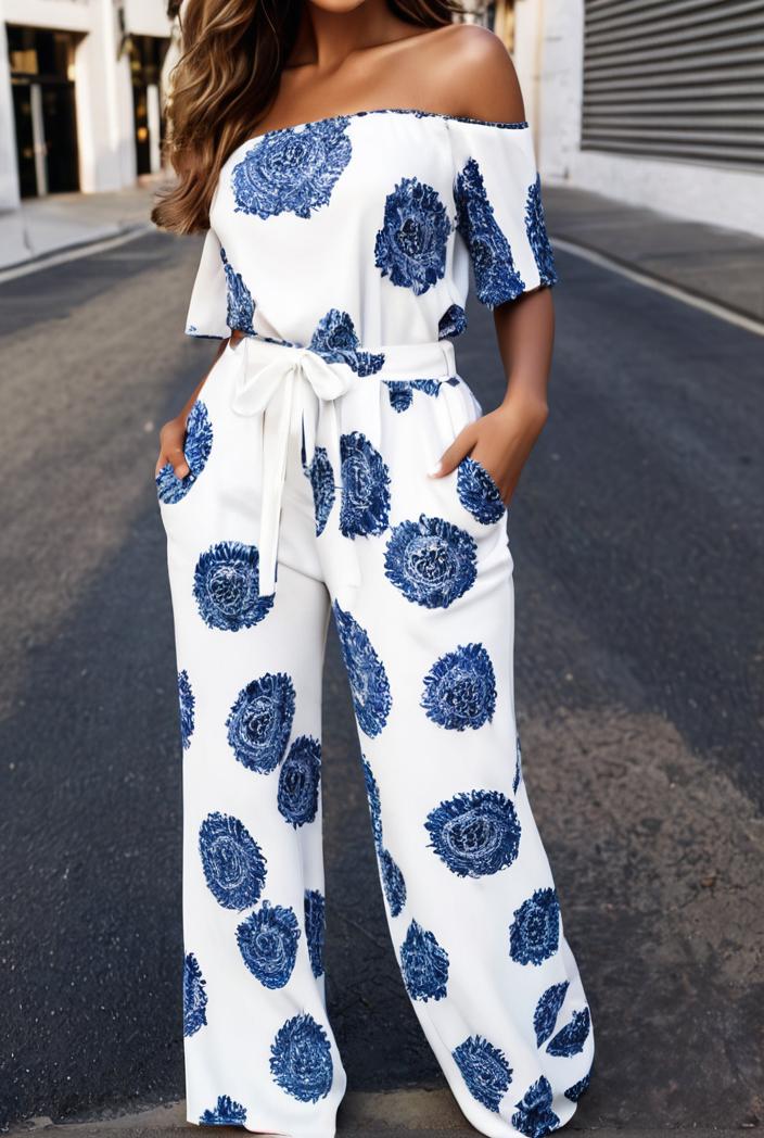 fashion print frilled off shoulder flared jumpsuit 111564