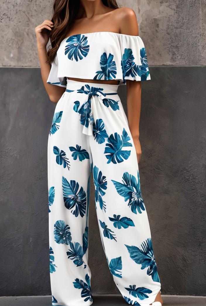 fashion print frilled off shoulder flared jumpsuit 111565