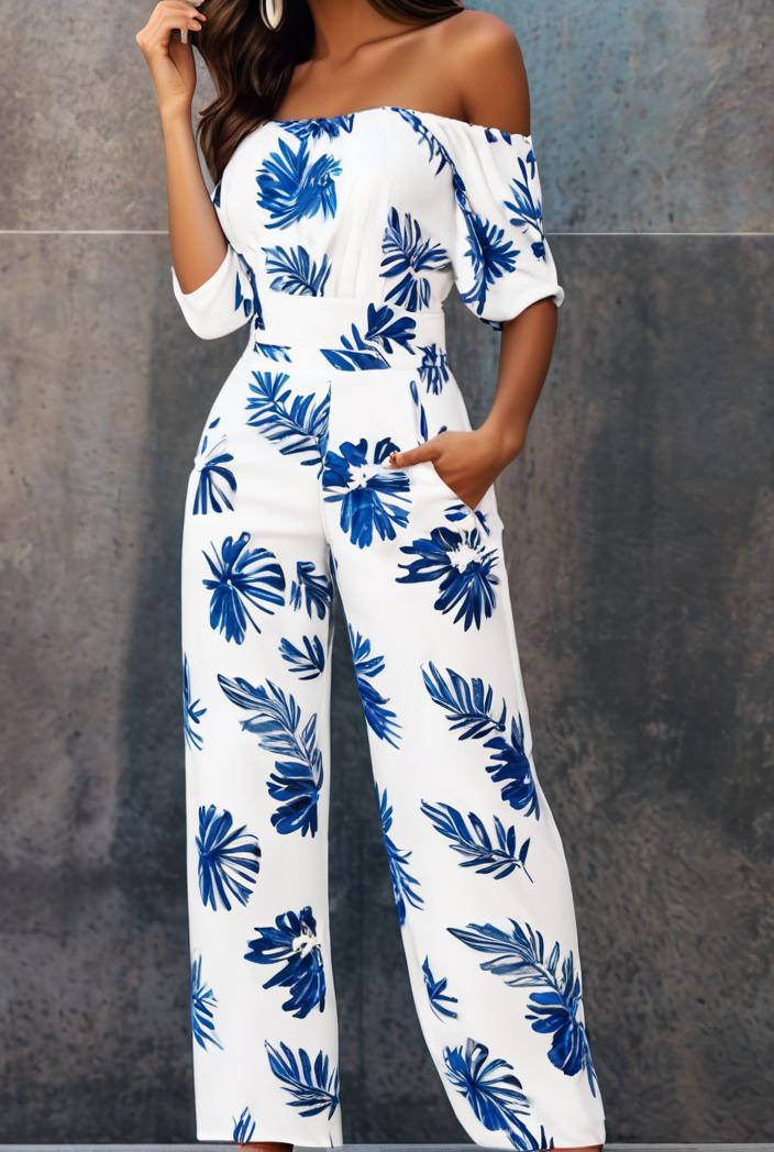 fashion print frilled off shoulder flared jumpsuit 111566