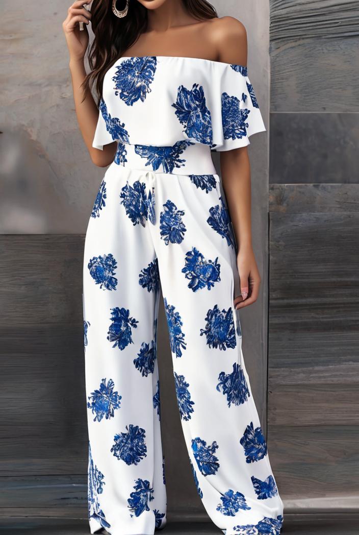 fashion print frilled off shoulder flared jumpsuit 111568