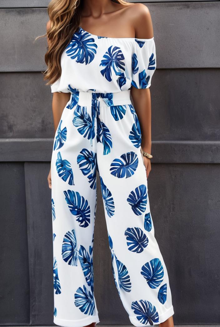 fashion print frilled off shoulder flared jumpsuit 111569