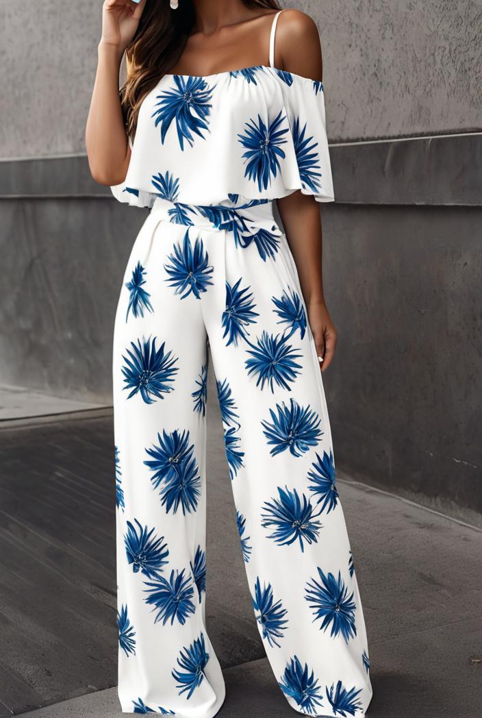 fashion print frilled off shoulder flared jumpsuit 111571