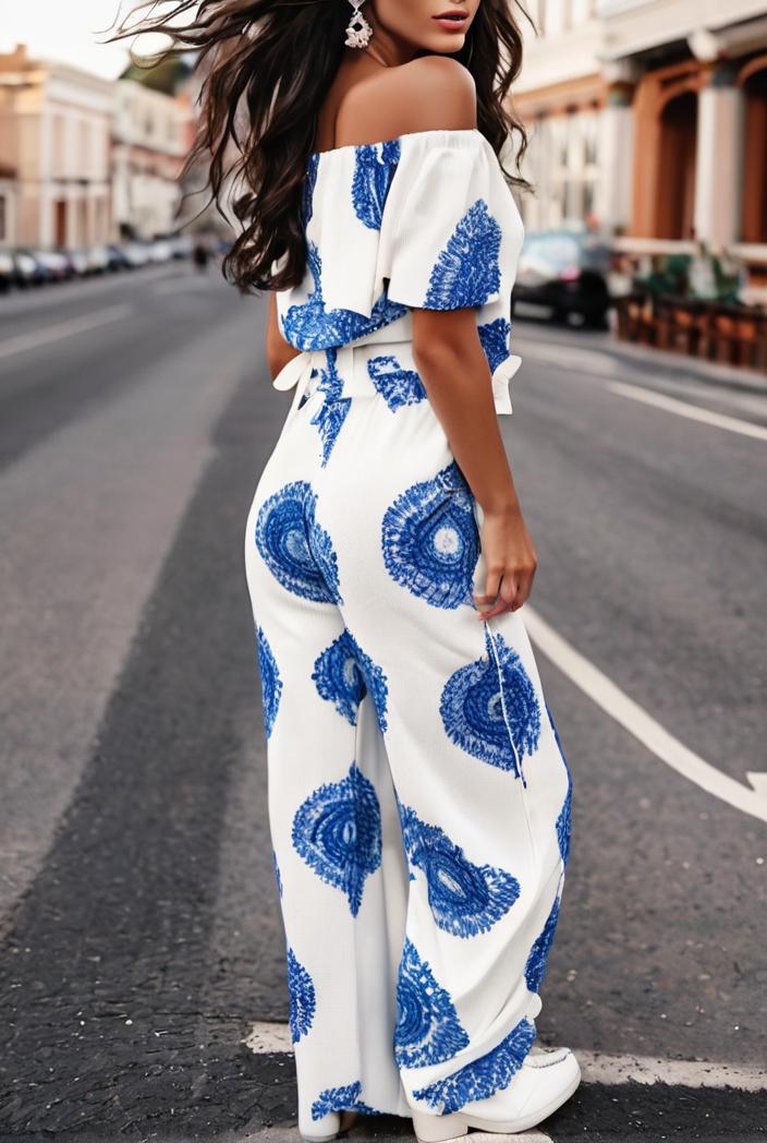 fashion print frilled off shoulder flared jumpsuit 111576