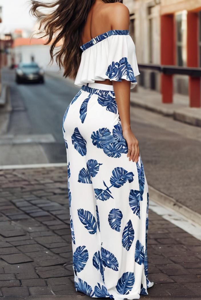 fashion print frilled off shoulder flared jumpsuit 111578