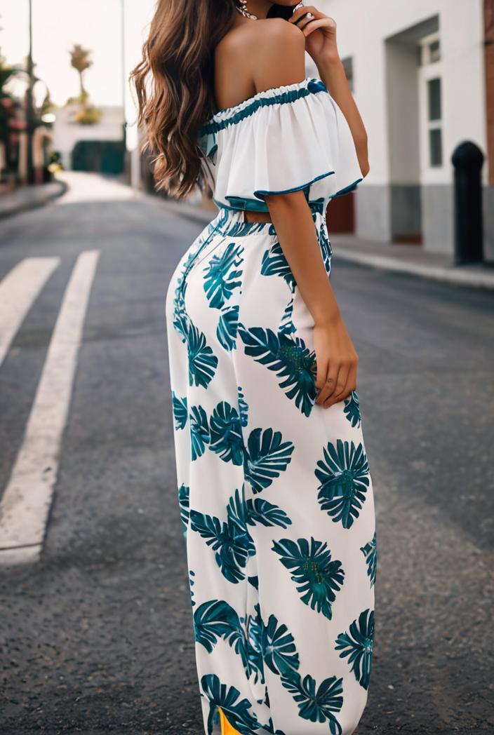 fashion print frilled off shoulder flared jumpsuit 111583