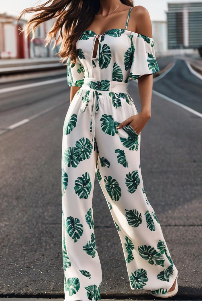 fashion print frilled off shoulder flared jumpsuit 111595