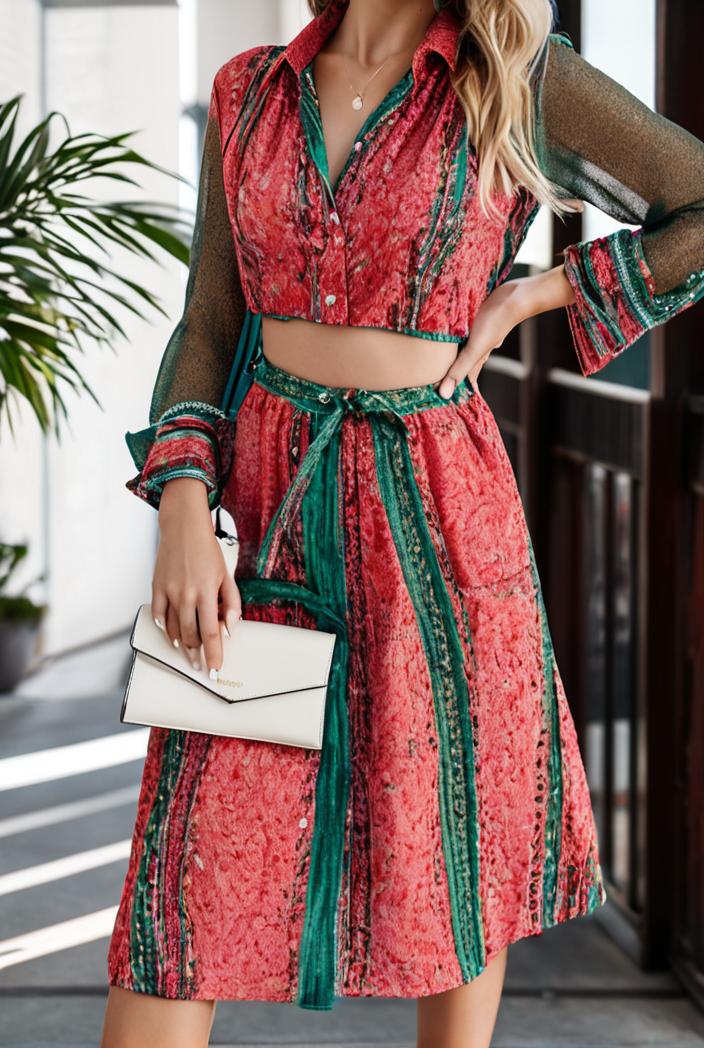 fashion v neck printed long sleeve midi dress 113150