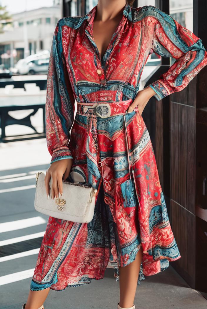 fashion v neck printed long sleeve midi dress 113151